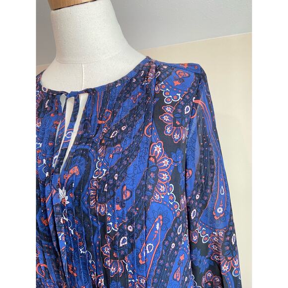 Women's Navy Blue Floral Notched Neck Pleated Longsleeve Mini Shift Dress size 6 - Picture 4 of 8